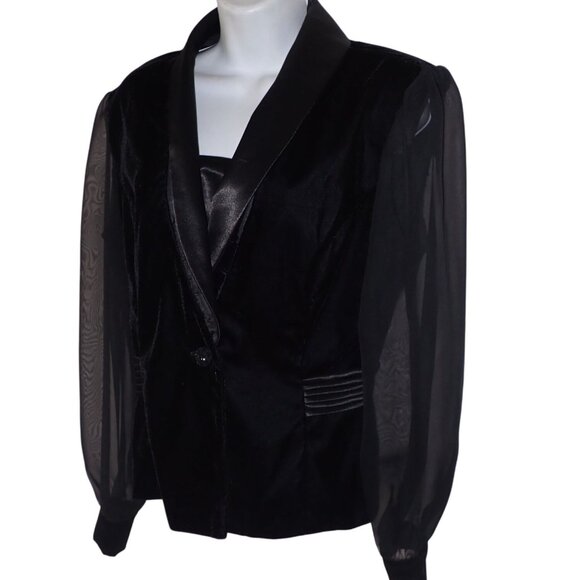 Vintage R & K Evening Sz 8 Black Velvet Sheer Long Sleeve Jacket Elegant 90's - Picture 2 of 14